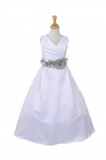White/Silver Bridal Satin Flower Girl Dress with Removable Flower Sash 